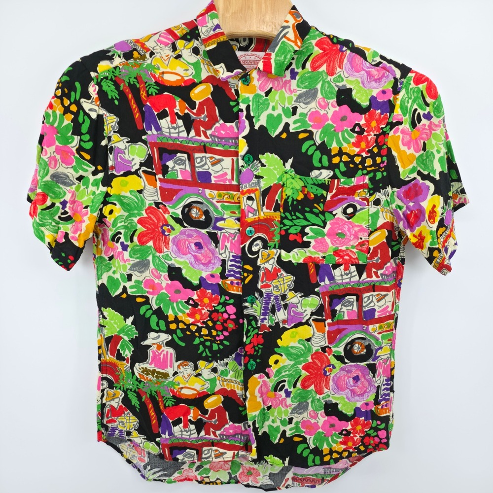 Jams World Mens tropical market Aloha Shirt Multi Color Novelty Bus USA Made